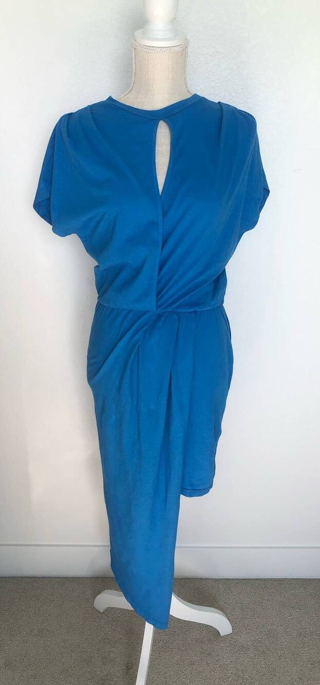 Monrow Bright Blue Ruched Shoulder Asymmetrical T-Shirt Dress - S